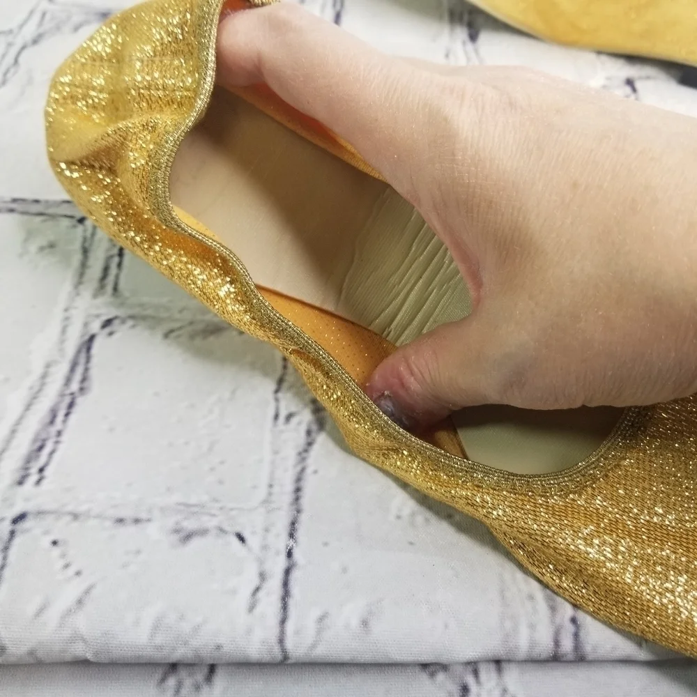 Vtg 60s 1960s Mcm Mod gold metallic lame mid century foldable flats